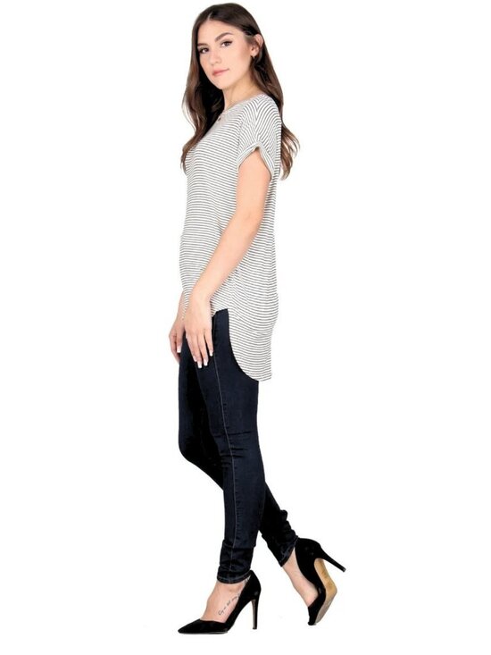 Tops - Black White Stripe High-Low Curved Hem Tunic S-M